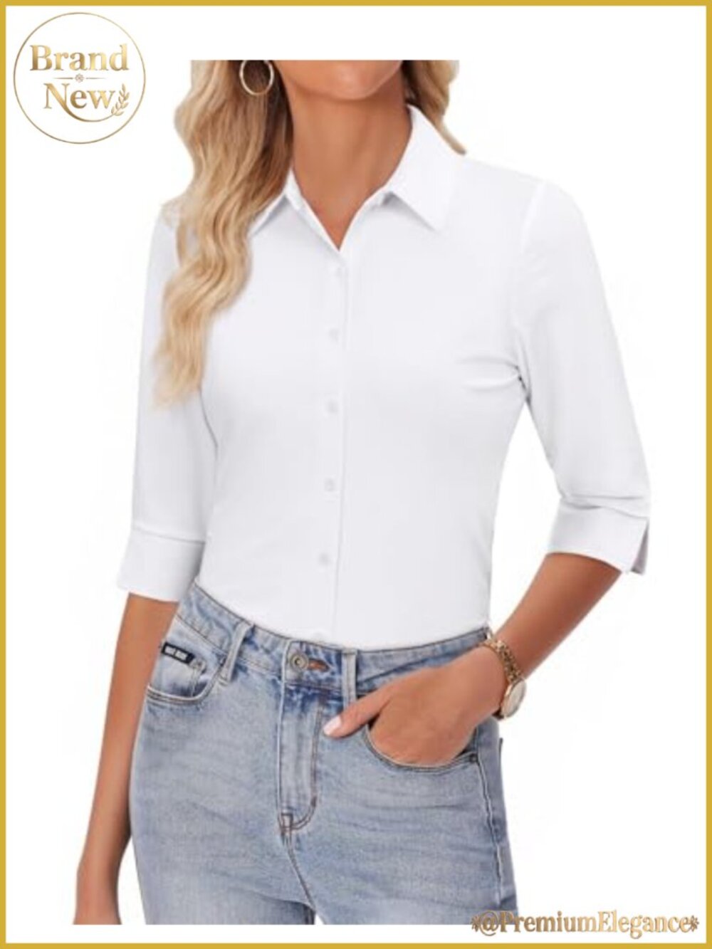 Women's 3/4 Sleeve Stretch Wrinkle Free Button Down Work Blouse